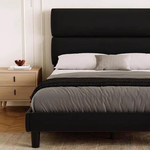 Alt view image 4 of 7 - King Size Platform Bed Frame with Velvet Headboard, Adjustable Height Wooden Slats Support, Upholstered Mattress Foundation, Fits Mattress or Mattress with Box Spring, Easy Assembly, Black