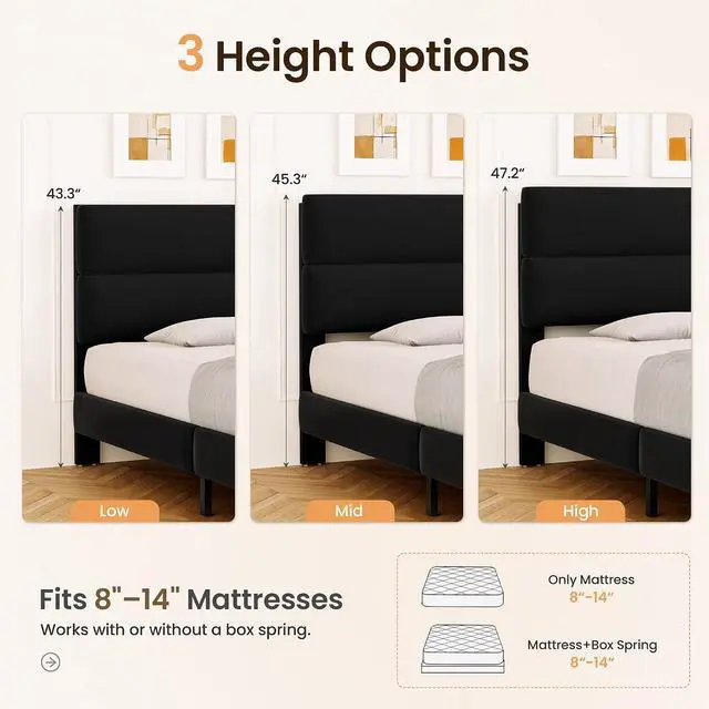 Alt view image 6 of 7 - King Size Platform Bed Frame with Velvet Headboard, Adjustable Height Wooden Slats Support, Upholstered Mattress Foundation, Fits Mattress or Mattress with Box Spring, Easy Assembly, Black