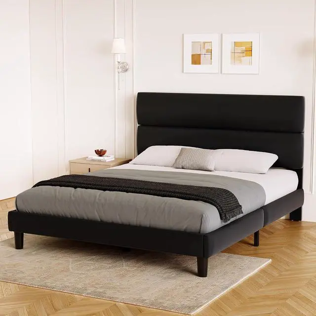 Alt view image 7 of 7 - Queen Size Platform Bed Frame with Velvet Headboard, Adjustable Height Wooden Slats Support, Upholstered Mattress Foundation, Fits Mattress or Mattress with Box Spring, Easy Assembly, Black