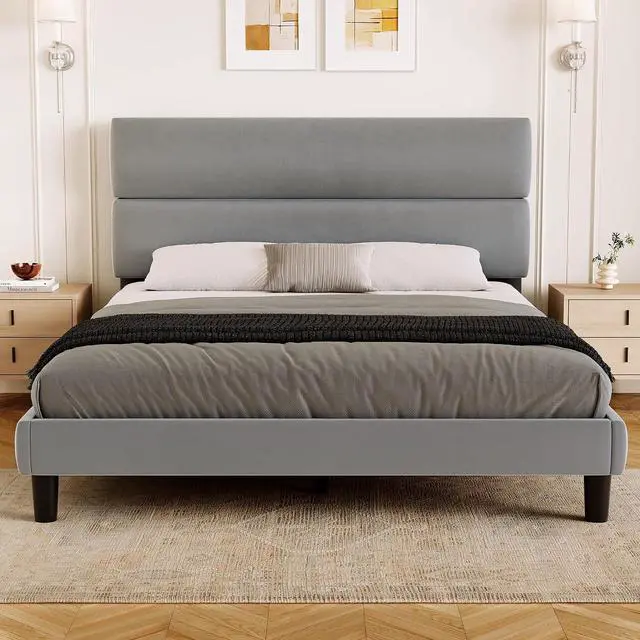 Main image of Queen Size Platform Bed Frame with Velvet Headboard, Adjustable Height Wooden Slats Support, Upholstered Mattress Foundation, Fits Mattress or Mattress with Box Spring, Easy Assembly, Grey