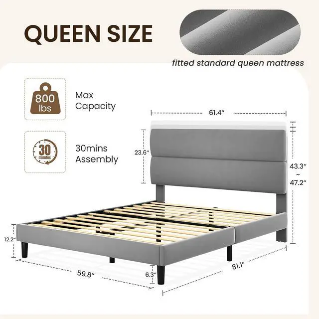 Alt view image 2 of 7 - Queen Size Platform Bed Frame with Velvet Headboard, Adjustable Height Wooden Slats Support, Upholstered Mattress Foundation, Fits Mattress or Mattress with Box Spring, Easy Assembly, Grey