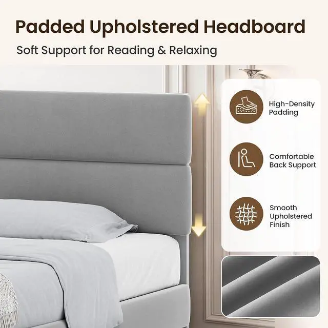 Alt view image 3 of 7 - Queen Size Platform Bed Frame with Velvet Headboard, Adjustable Height Wooden Slats Support, Upholstered Mattress Foundation, Fits Mattress or Mattress with Box Spring, Easy Assembly, Grey