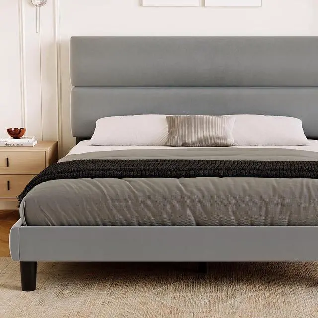 Alt view image 4 of 7 - Queen Size Platform Bed Frame with Velvet Headboard, Adjustable Height Wooden Slats Support, Upholstered Mattress Foundation, Fits Mattress or Mattress with Box Spring, Easy Assembly, Grey