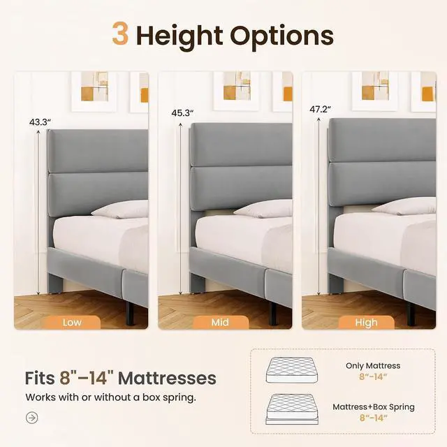 Alt view image 5 of 7 - Queen Size Platform Bed Frame with Velvet Headboard, Adjustable Height Wooden Slats Support, Upholstered Mattress Foundation, Fits Mattress or Mattress with Box Spring, Easy Assembly, Grey