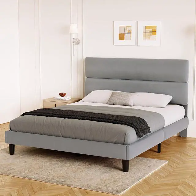 Alt view image 7 of 7 - Queen Size Platform Bed Frame with Velvet Headboard, Adjustable Height Wooden Slats Support, Upholstered Mattress Foundation, Fits Mattress or Mattress with Box Spring, Easy Assembly, Grey