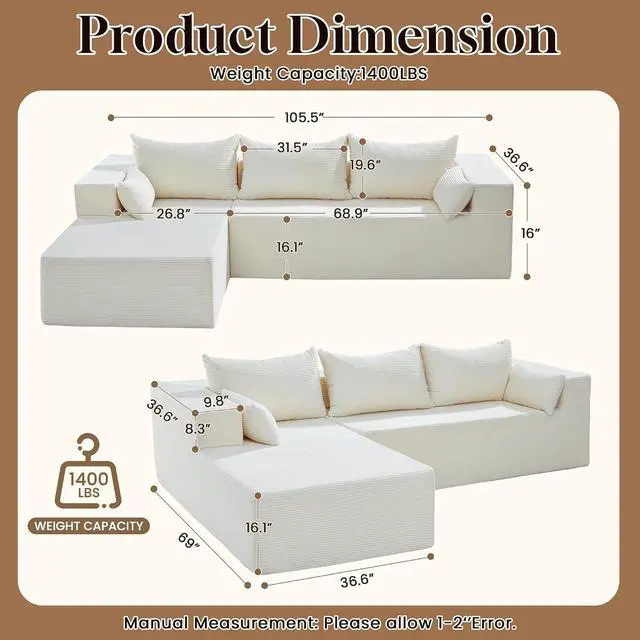 Alt view image 2 of 7 - 106" Cloud Sectional Boneless Couches for Living Room, Modular L Shaped Couch with Deep Seat Oversized Left Facing Chaise, Memory Foam Compressed Spineless 3 Seater Sofa for Bedroom Apartment, Beige