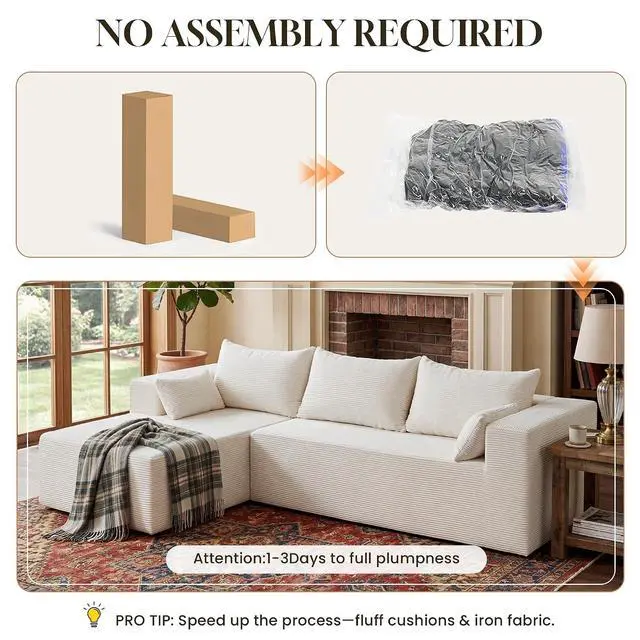Alt view image 5 of 7 - 106" Cloud Sectional Boneless Couches for Living Room, Modular L Shaped Couch with Deep Seat Oversized Left Facing Chaise, Memory Foam Compressed Spineless 3 Seater Sofa for Bedroom Apartment, Beige