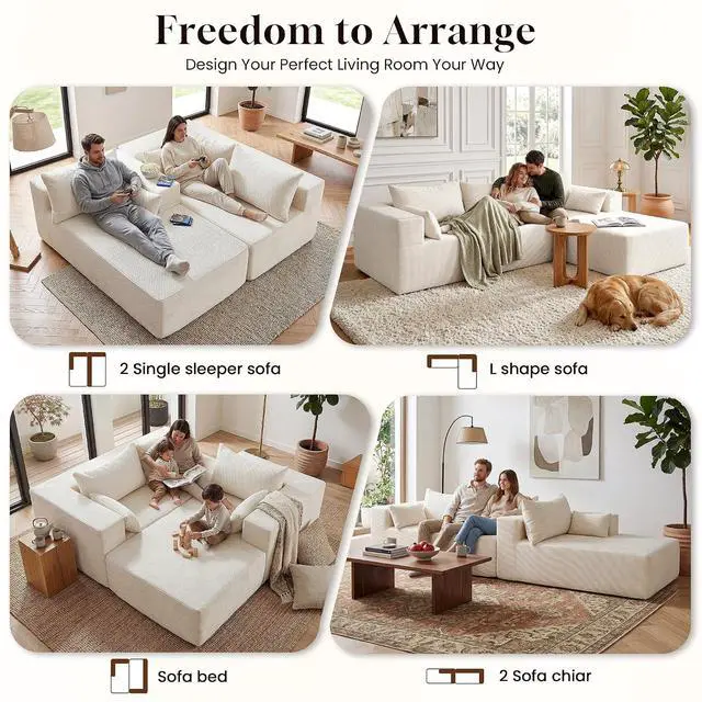Alt view image 4 of 7 - 106" Cloud Sectional Boneless Couches for Living Room, Modular L Shaped Couch with Deep Seat Oversized Left Facing Chaise, Memory Foam Compressed Spineless 3 Seater Sofa for Bedroom Apartment, Beige