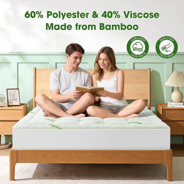Alt view image 3 of 7 - Mattress Pad King Size, Cooling Pillow Top Mattress Topper, Ultra Soft Viscose Made from Bamboo, Breathable for Hot Sleepers, Deep Pocket 8"-20", Green