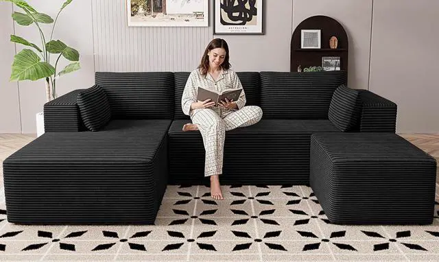 Main image of 106" Cloud Sectional Boneless Couches for Living Room, Modular U Shaped Couch with Deep Seat, Removable Ottoman, Memory Foam Compressed Spineless 4 Seater Sofa for Bedroom Apartment, Black