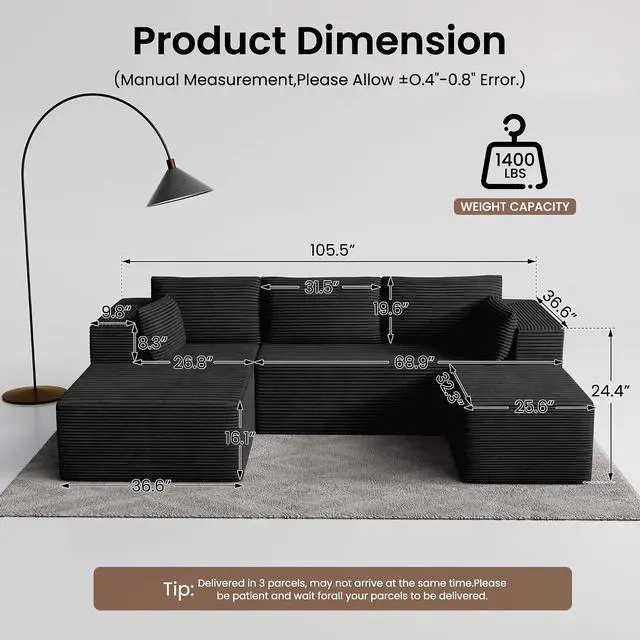 Alt view image 2 of 7 - 106" Cloud Sectional Boneless Couches for Living Room, Modular U Shaped Couch with Deep Seat, Removable Ottoman, Memory Foam Compressed Spineless 4 Seater Sofa for Bedroom Apartment, Black