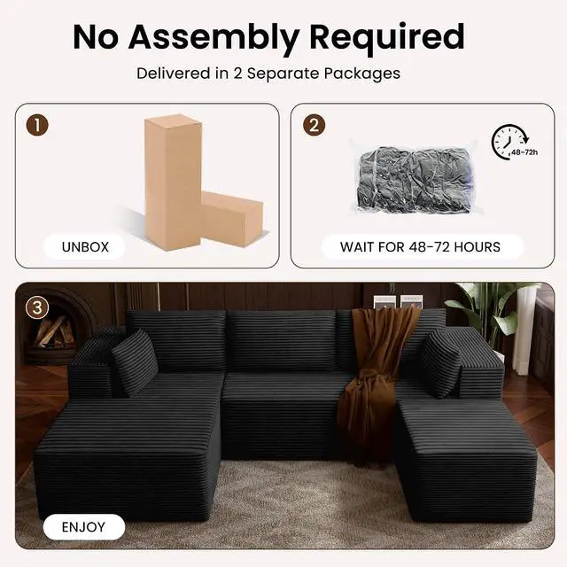 Alt view image 6 of 7 - 106" Cloud Sectional Boneless Couches for Living Room, Modular U Shaped Couch with Deep Seat, Removable Ottoman, Memory Foam Compressed Spineless 4 Seater Sofa for Bedroom Apartment, Black
