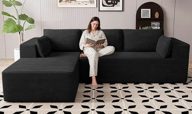 Main image of 106" Cloud Sectional Boneless Couches for Living Room, Modular L Shaped Couch with Deep Seat Oversized Left Facing Chaise, Memory Foam Compressed Spineless 3 Seater Sofa for Bedroom Apartment, Black
