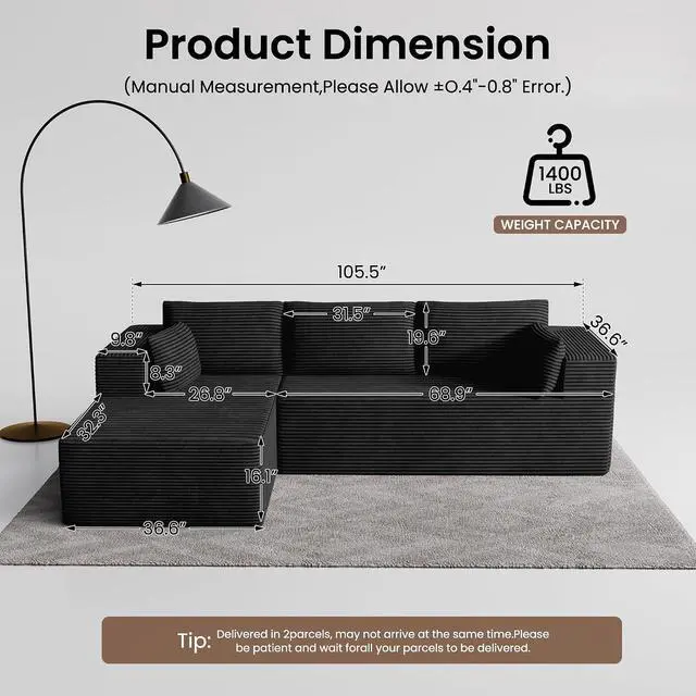 Alt view image 2 of 7 - 106" Cloud Sectional Boneless Couches for Living Room, Modular L Shaped Couch with Deep Seat Oversized Left Facing Chaise, Memory Foam Compressed Spineless 3 Seater Sofa for Bedroom Apartment, Black