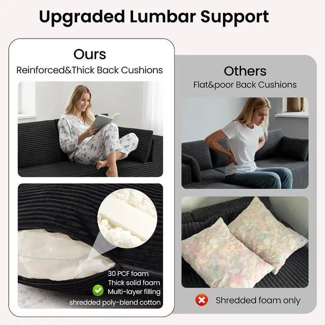 Alt view image 3 of 7 - 106" Cloud Sectional Boneless Couches for Living Room, Modular L Shaped Couch with Deep Seat Oversized Right Facing Chaise, Memory Foam Compressed Spineless 3 Seater Sofa for Apartment, Black
