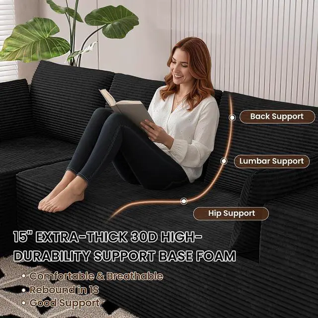 Alt view image 4 of 7 - 106" Cloud Sectional Boneless Couches for Living Room, Modular L Shaped Couch with Deep Seat Oversized Right Facing Chaise, Memory Foam Compressed Spineless 3 Seater Sofa for Apartment, Black