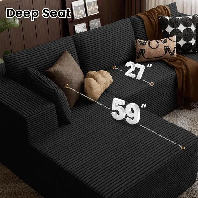 Alt view image 5 of 7 - 106" Cloud Sectional Boneless Couches for Living Room, Modular L Shaped Couch with Deep Seat Oversized Right Facing Chaise, Memory Foam Compressed Spineless 3 Seater Sofa for Apartment, Black