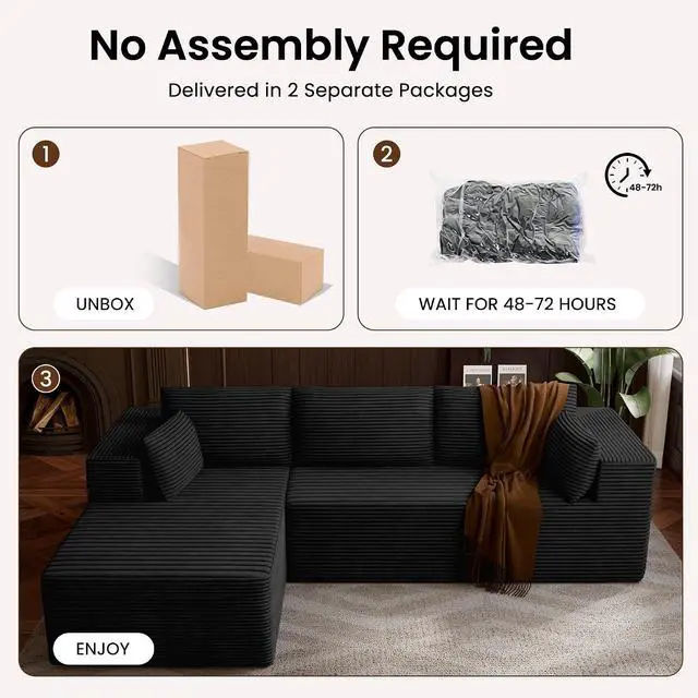 Alt view image 6 of 7 - 106" Cloud Sectional Boneless Couches for Living Room, Modular L Shaped Couch with Deep Seat Oversized Left Facing Chaise, Memory Foam Compressed Spineless 3 Seater Sofa for Bedroom Apartment, Black