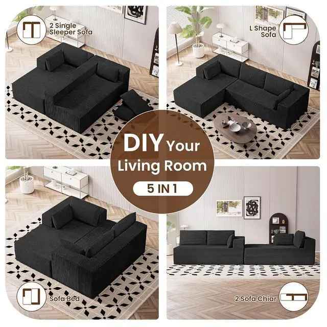 Alt view image 6 of 7 - 106" Cloud Sectional Boneless Couches for Living Room, Modular L Shaped Couch with Deep Seat Oversized Right Facing Chaise, Memory Foam Compressed Spineless 3 Seater Sofa for Apartment, Black