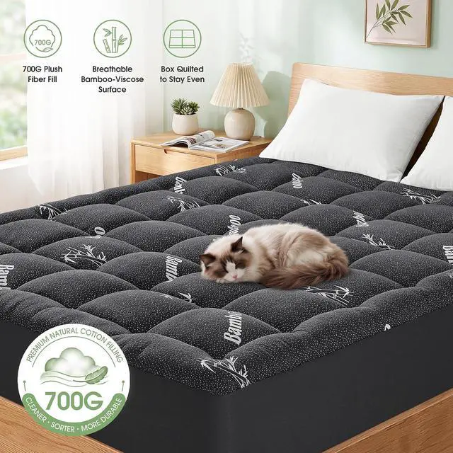 Alt view image 3 of 7 - Mattress Pad King Size, Cooling Pillow Top Mattress Topper, Ultra Soft Viscose from Bamboo, Breathable for Hot Sleepers, Deep Pocket 8"-20", Black
