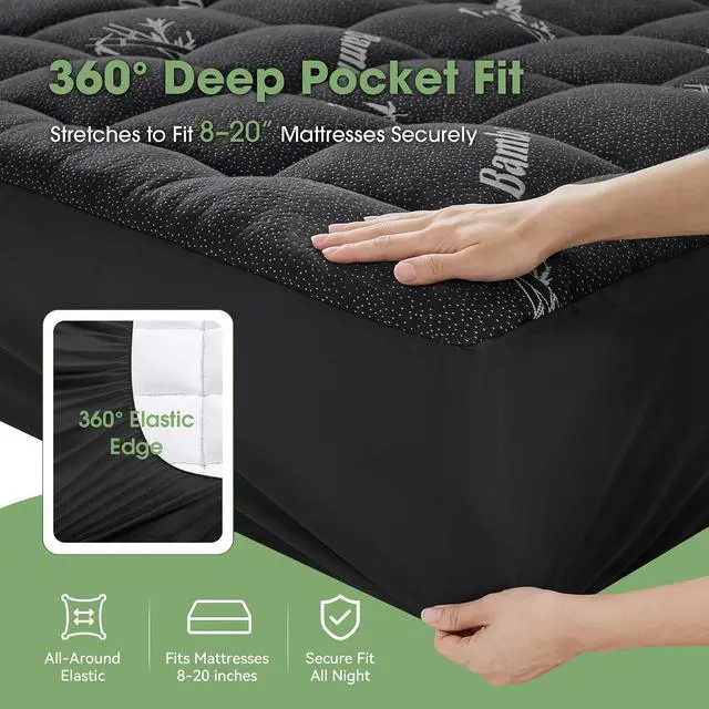 Alt view image 6 of 7 - Mattress Pad King Size, Cooling Pillow Top Mattress Topper, Ultra Soft Viscose from Bamboo, Breathable for Hot Sleepers, Deep Pocket 8"-20", Black