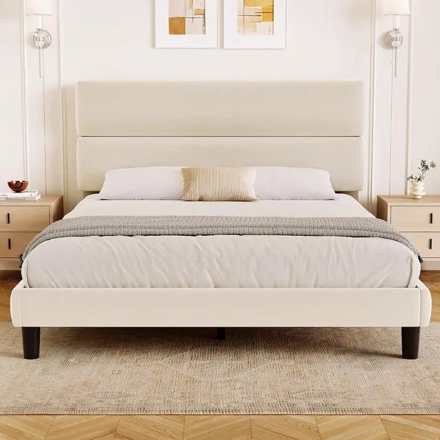 Main image of Queen Size Platform Bed Frame with Velvet Headboard, Adjustable Height Wooden Slats Support, Upholstered Mattress Foundation, Fits Mattress or Mattress with Box Spring, Easy Assembly, Beige