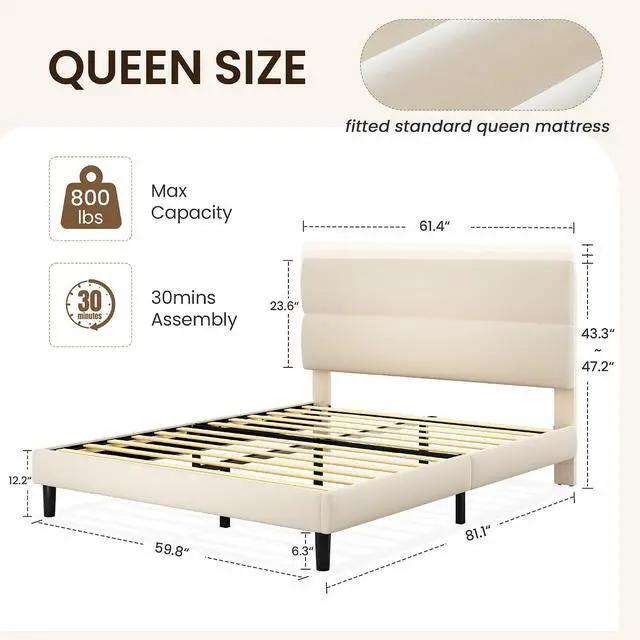Alt view image 2 of 7 - Queen Size Platform Bed Frame with Velvet Headboard, Adjustable Height Wooden Slats Support, Upholstered Mattress Foundation, Fits Mattress or Mattress with Box Spring, Easy Assembly, Beige