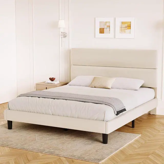 Alt view image 7 of 7 - Queen Size Platform Bed Frame with Velvet Headboard, Adjustable Height Wooden Slats Support, Upholstered Mattress Foundation, Fits Mattress or Mattress with Box Spring, Easy Assembly, Beige