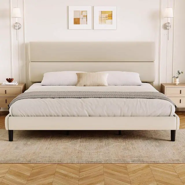 Main image of King Size Platform Bed Frame with Velvet Headboard, Adjustable Height Wooden Slats Support, Upholstered Mattress Foundation, Fits Mattress or Mattress with Box Spring, Easy Assembly, Beige