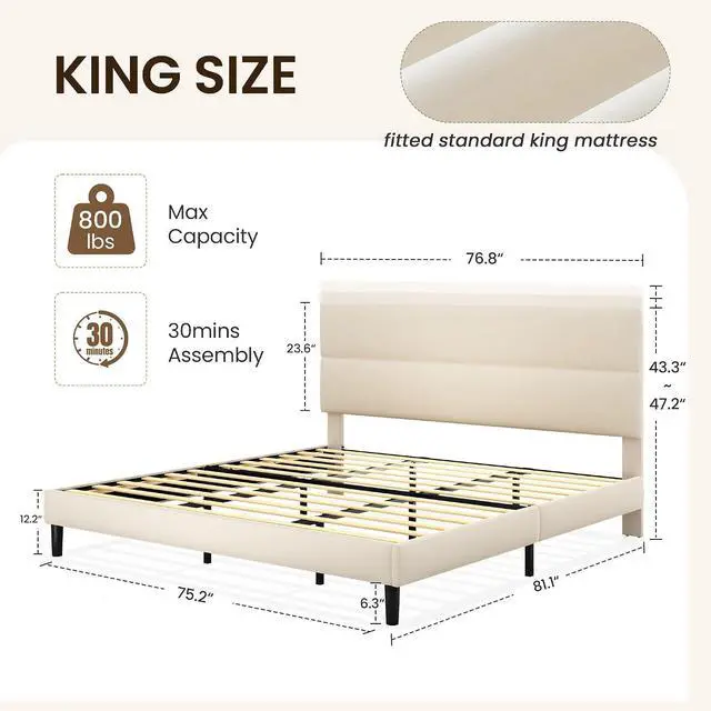 Alt view image 2 of 7 - King Size Platform Bed Frame with Velvet Headboard, Adjustable Height Wooden Slats Support, Upholstered Mattress Foundation, Fits Mattress or Mattress with Box Spring, Easy Assembly, Beige