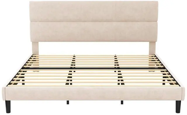 Alt view image 7 of 7 - King Size Platform Bed Frame with Velvet Headboard, Adjustable Height Wooden Slats Support, Upholstered Mattress Foundation, Fits Mattress or Mattress with Box Spring, Easy Assembly, Beige