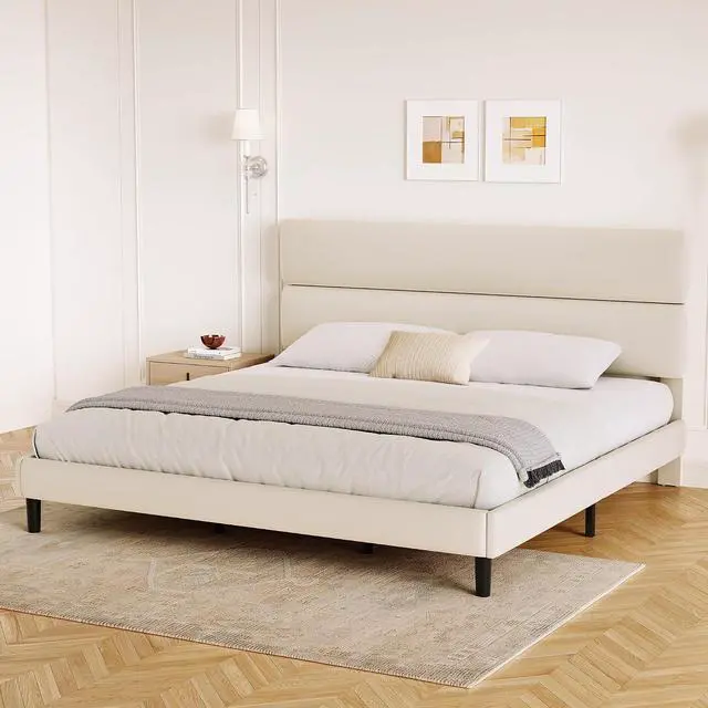 Alt view image 6 of 7 - King Size Platform Bed Frame with Velvet Headboard, Adjustable Height Wooden Slats Support, Upholstered Mattress Foundation, Fits Mattress or Mattress with Box Spring, Easy Assembly, Beige