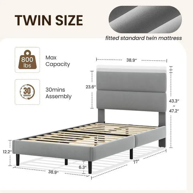 Alt view image 2 of 6 - Twin Size Platform Bed Frame with Velvet Headboard, Adjustable Height Wooden Slats Support, Upholstered Mattress Foundation, Fits Mattress or Mattress with Box Spring, Easy Assembly, Grey