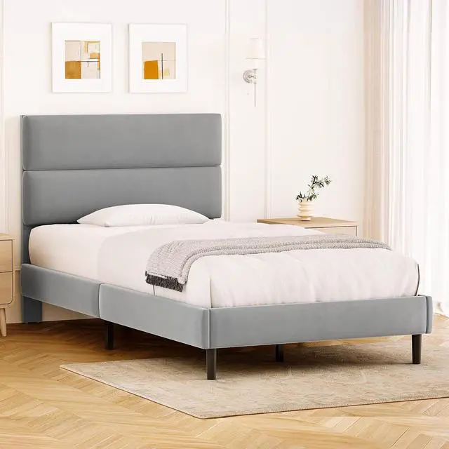 Alt view image 4 of 6 - Twin Size Platform Bed Frame with Velvet Headboard, Adjustable Height Wooden Slats Support, Upholstered Mattress Foundation, Fits Mattress or Mattress with Box Spring, Easy Assembly, Grey