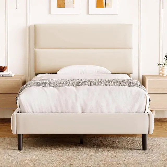Main image of Twin Size Platform Bed Frame with Velvet Headboard, Adjustable Height Wooden Slats Support, Upholstered Mattress Foundation, Fits Mattress or Mattress with Box Spring, Easy Assembly, Beige