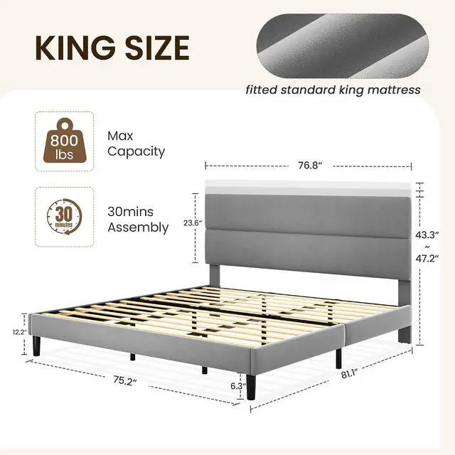 Alt view image 2 of 7 - King Size Platform Bed Frame with Velvet Headboard, Adjustable Height Wooden Slats Support, Upholstered Mattress Foundation, Fits Mattress or Mattress with Box Spring, Easy Assembly, Grey
