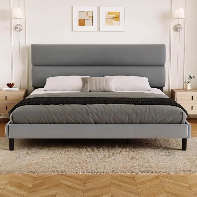 Main image of King Size Platform Bed Frame with Velvet Headboard, Adjustable Height Wooden Slats Support, Upholstered Mattress Foundation, Fits Mattress or Mattress with Box Spring, Easy Assembly, Grey