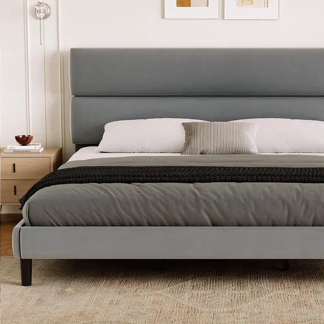 Alt view image 4 of 7 - King Size Platform Bed Frame with Velvet Headboard, Adjustable Height Wooden Slats Support, Upholstered Mattress Foundation, Fits Mattress or Mattress with Box Spring, Easy Assembly, Grey