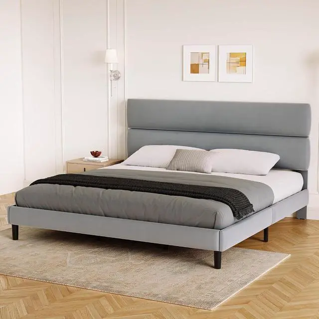 Alt view image 7 of 7 - King Size Platform Bed Frame with Velvet Headboard, Adjustable Height Wooden Slats Support, Upholstered Mattress Foundation, Fits Mattress or Mattress with Box Spring, Easy Assembly, Grey