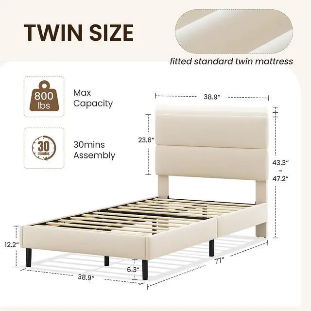 Alt view image 2 of 6 - Twin Size Platform Bed Frame with Velvet Headboard, Adjustable Height Wooden Slats Support, Upholstered Mattress Foundation, Fits Mattress or Mattress with Box Spring, Easy Assembly, Beige