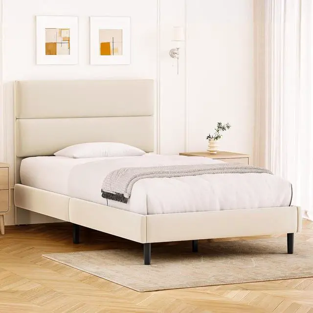 Alt view image 6 of 6 - Twin Size Platform Bed Frame with Velvet Headboard, Adjustable Height Wooden Slats Support, Upholstered Mattress Foundation, Fits Mattress or Mattress with Box Spring, Easy Assembly, Beige