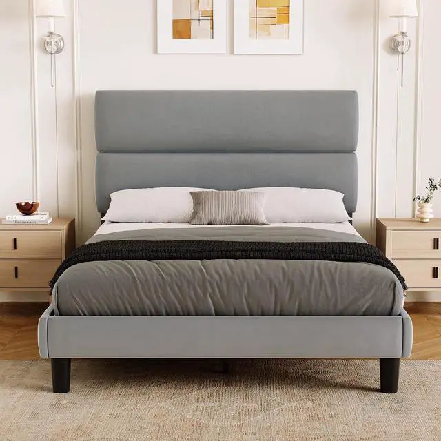 Main image of Full Size Platform Bed Frame with Velvet Headboard, Adjustable Height Wooden Slats Support, Upholstered Mattress Foundation, Fits Mattress or Mattress with Box Spring, Easy Assembly, Grey