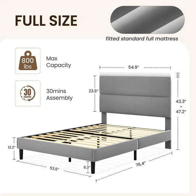 Alt view image 2 of 7 - Full Size Platform Bed Frame with Velvet Headboard, Adjustable Height Wooden Slats Support, Upholstered Mattress Foundation, Fits Mattress or Mattress with Box Spring, Easy Assembly, Grey