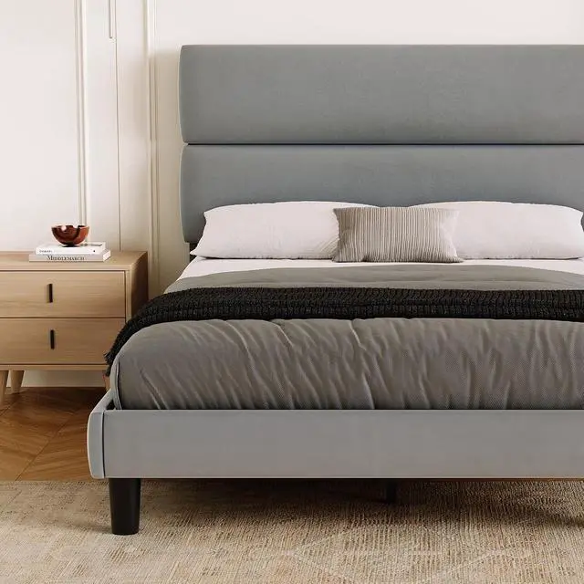 Alt view image 4 of 7 - Full Size Platform Bed Frame with Velvet Headboard, Adjustable Height Wooden Slats Support, Upholstered Mattress Foundation, Fits Mattress or Mattress with Box Spring, Easy Assembly, Grey