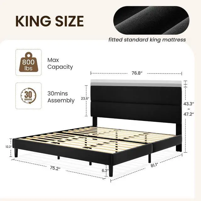 Alt view image 2 of 7 - King Size Platform Bed Frame with Velvet Headboard, Adjustable Height Wooden Slats Support, Upholstered Mattress Foundation, Fits Mattress or Mattress with Box Spring, Easy Assembly, Black