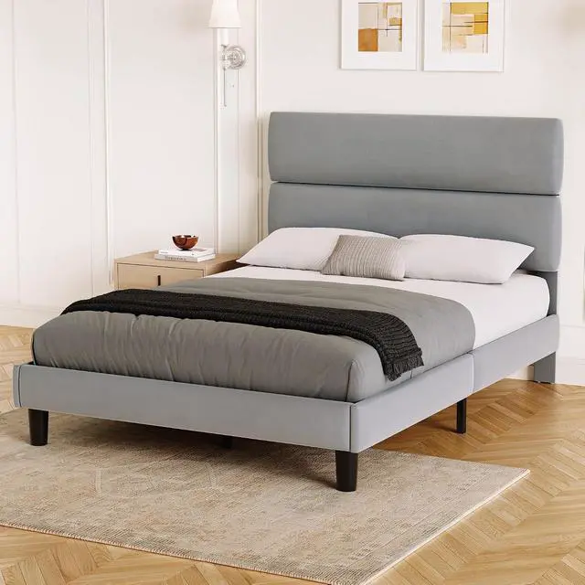 Alt view image 7 of 7 - Full Size Platform Bed Frame with Velvet Headboard, Adjustable Height Wooden Slats Support, Upholstered Mattress Foundation, Fits Mattress or Mattress with Box Spring, Easy Assembly, Grey