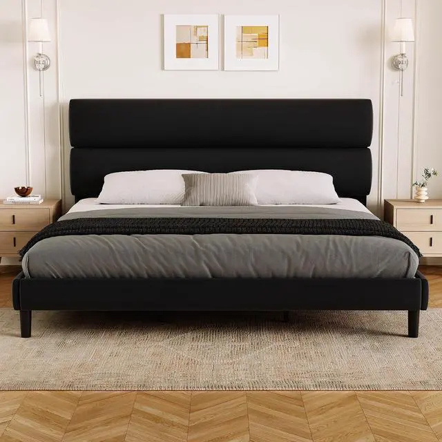 Main image of King Size Platform Bed Frame with Velvet Headboard, Adjustable Height Wooden Slats Support, Upholstered Mattress Foundation, Fits Mattress or Mattress with Box Spring, Easy Assembly, Black