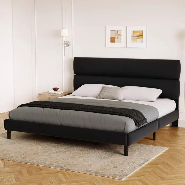 Alt view image 7 of 7 - King Size Platform Bed Frame with Velvet Headboard, Adjustable Height Wooden Slats Support, Upholstered Mattress Foundation, Fits Mattress or Mattress with Box Spring, Easy Assembly, Black