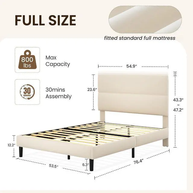 Alt view image 2 of 7 - Full Size Platform Bed Frame with Velvet Headboard, Adjustable Height Wooden Slats Support, Upholstered Mattress Foundation, Fits Mattress or Mattress with Box Spring, Easy Assembly, Beige