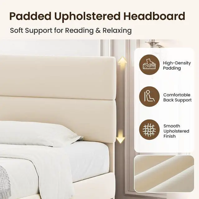Alt view image 3 of 6 - Twin Size Platform Bed Frame with Velvet Headboard, Adjustable Height Wooden Slats Support, Upholstered Mattress Foundation, Fits Mattress or Mattress with Box Spring, Easy Assembly, Beige